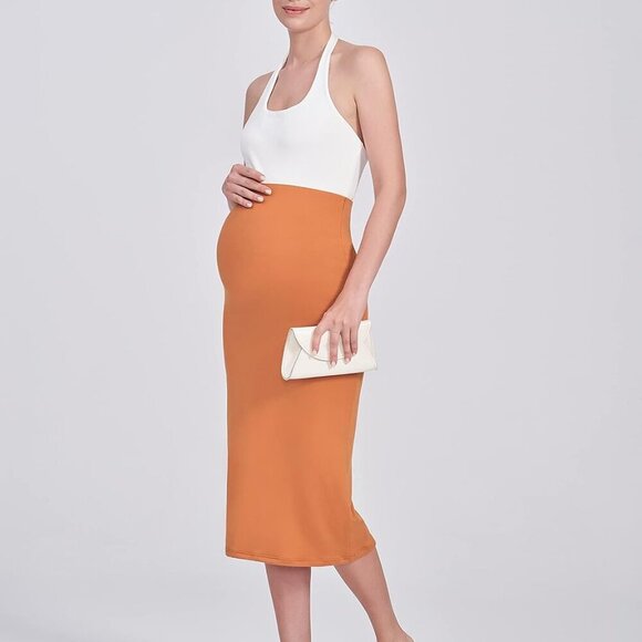 Women's Maternity Skirt Over The Belly Midi High Waisted Solid Stretchy Pregnanc - Picture 5 of 5